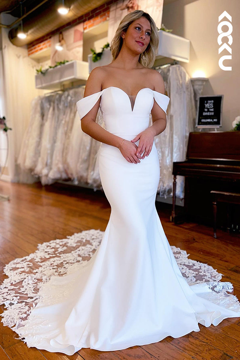 K955 - Trumpet/Mermaid Off-Shoulder Satin Appliques Backless Mermaid Wedding Dress