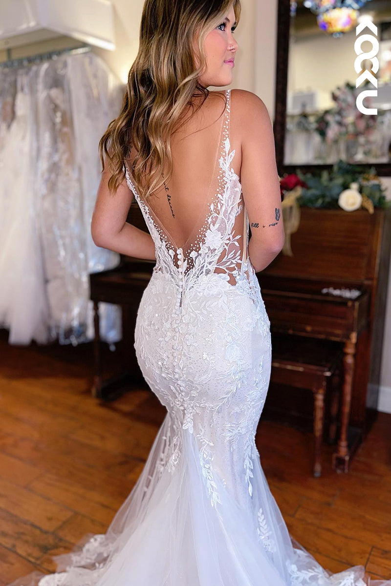 K956 - Trumpet/Mermaid V-Neck Tulle Appliques Backless Mermaid Beach Wedding Dress