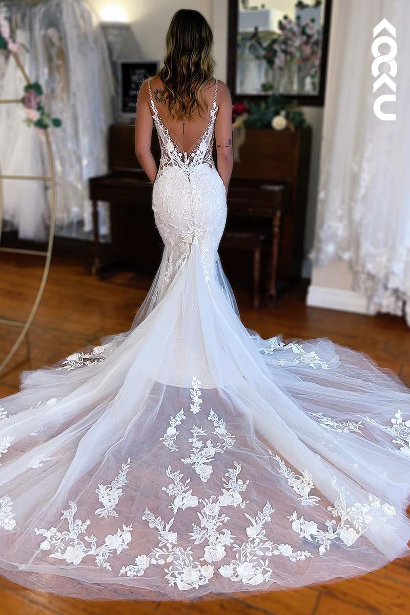 K956 - Trumpet/Mermaid V-Neck Tulle Appliques Backless Mermaid Beach Wedding Dress