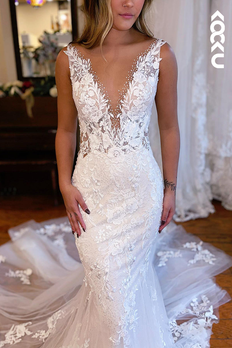 K956 - Trumpet/Mermaid V-Neck Tulle Appliques Backless Mermaid Beach Wedding Dress