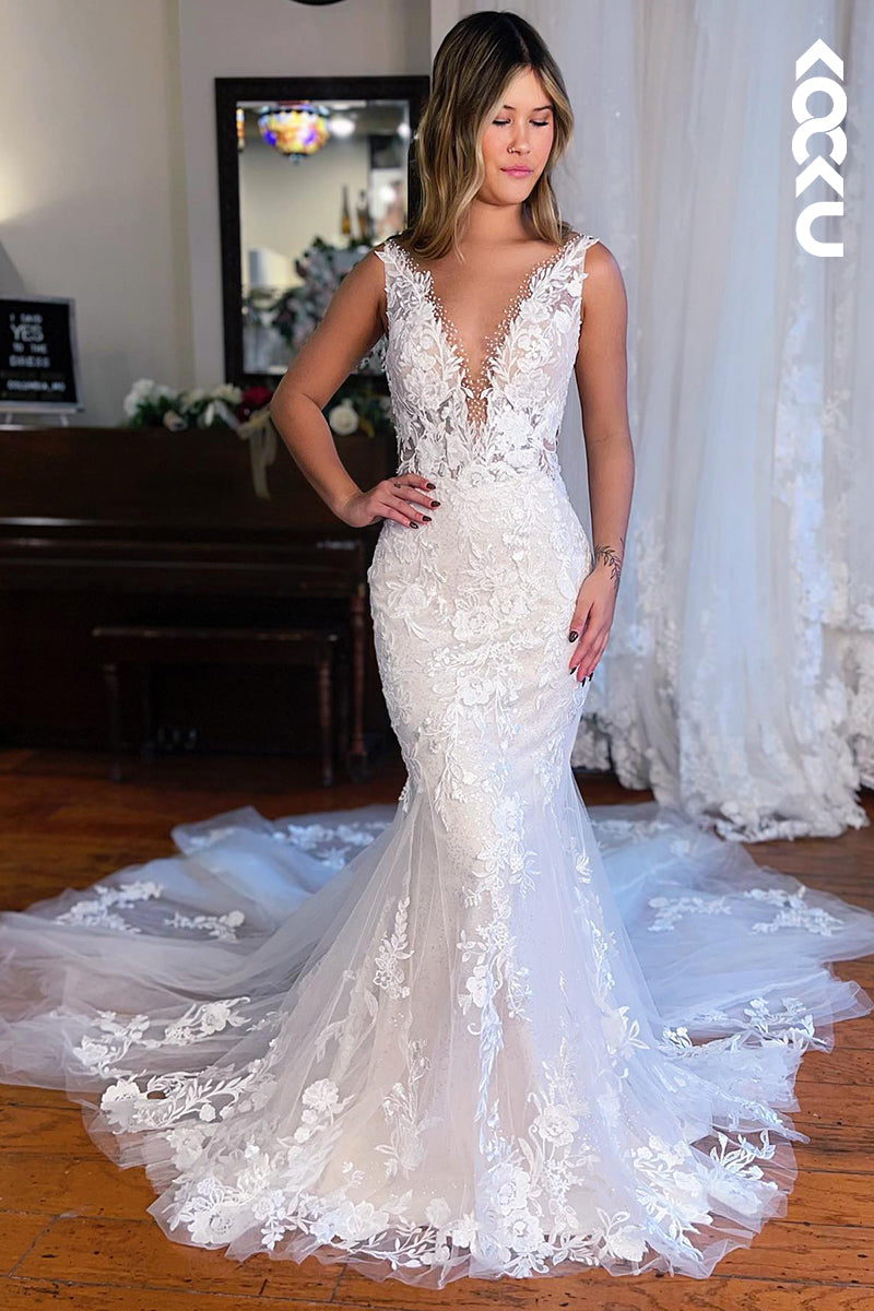 K956 - Trumpet/Mermaid V-Neck Tulle Appliques Backless Mermaid Beach Wedding Dress