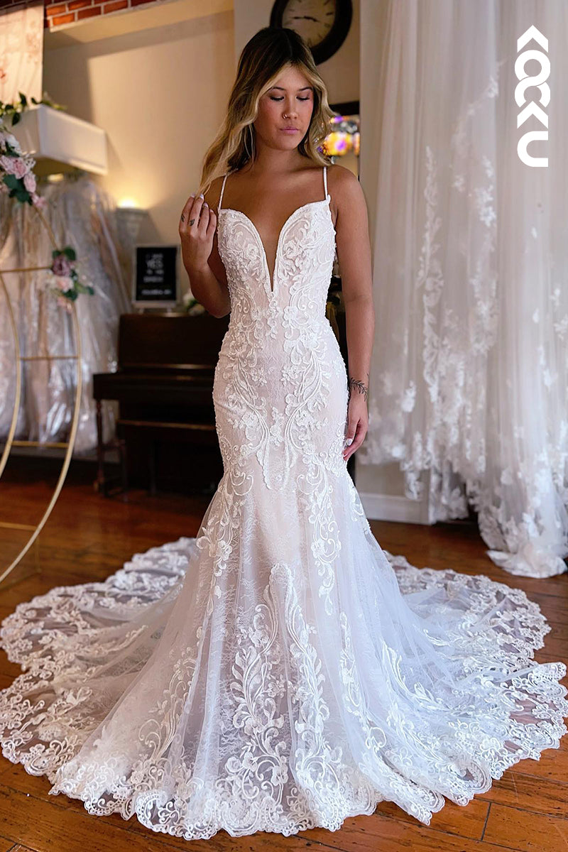 K959 - Trumpet/Mermaid V-Neck Tulle Appliques Backless Mermaid Wedding Dress