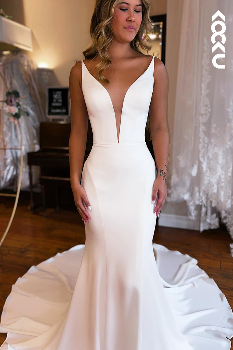 K960 - Trumpet/Mermaid V-Neck Satin Backless Sleeveless Mermaid Wedding Dress