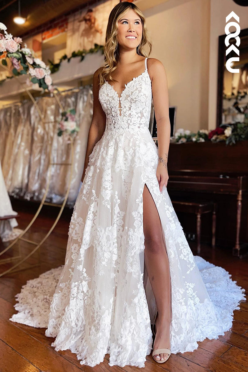 K961 - A-Line V-Neck Tulle Appliques Backless Bohmian Beach Wedding Dress