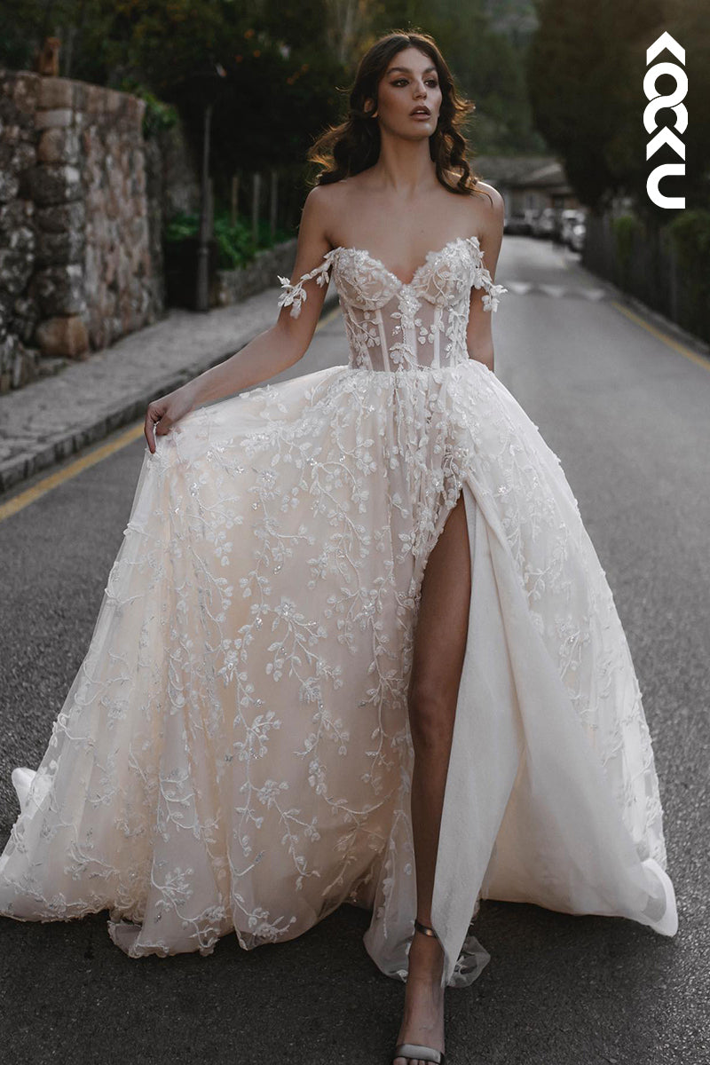 K962 - A-Line Off-Shoulder Lace Appliques Beaded Bohmian Beach Wedding Dress