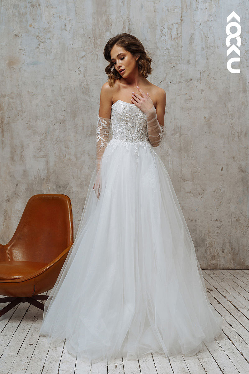 K968 - A-Line Strapless Tulle Feathers Split Bohmian Beach Wedding Dress