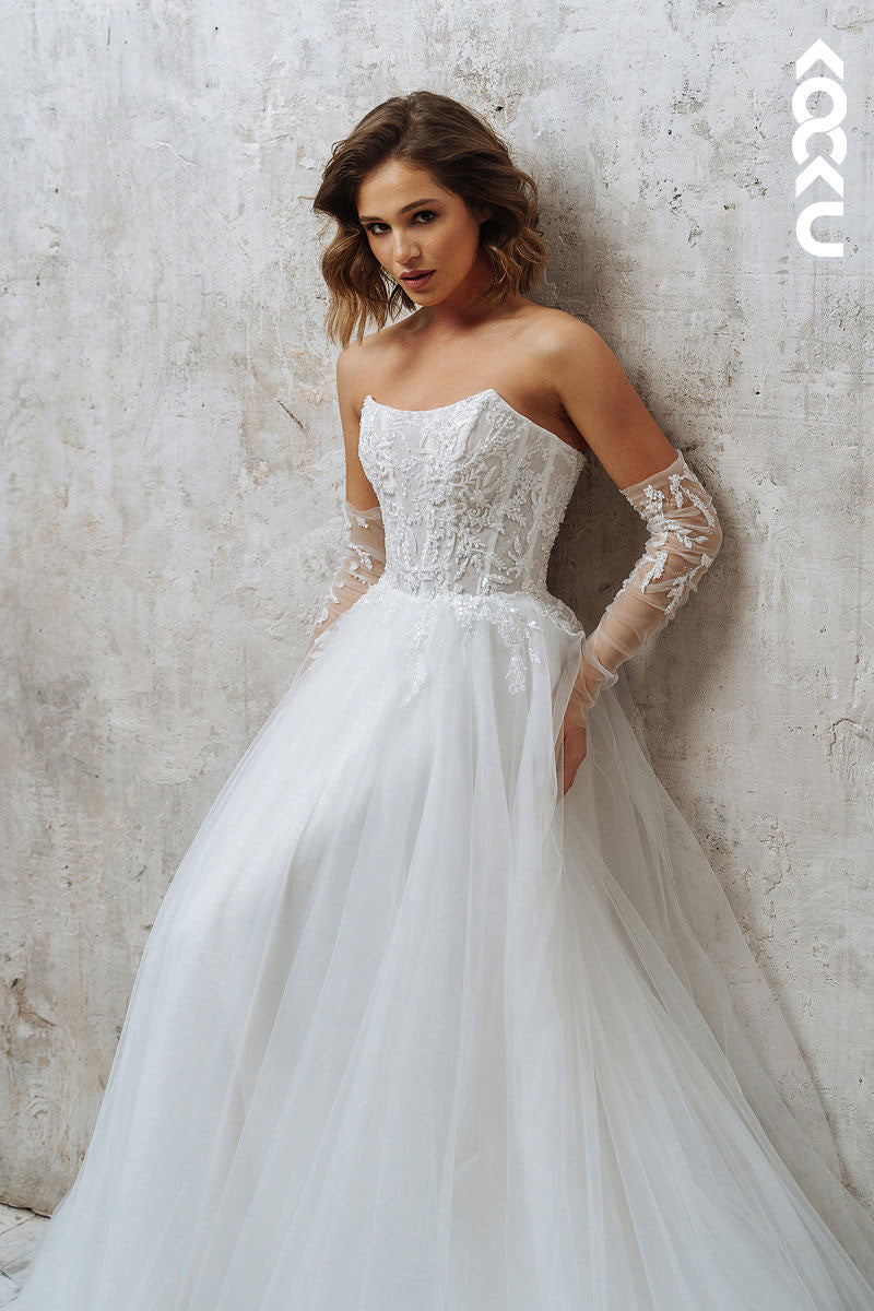 K968 - A-Line Strapless Tulle Feathers Split Bohmian Beach Wedding Dress