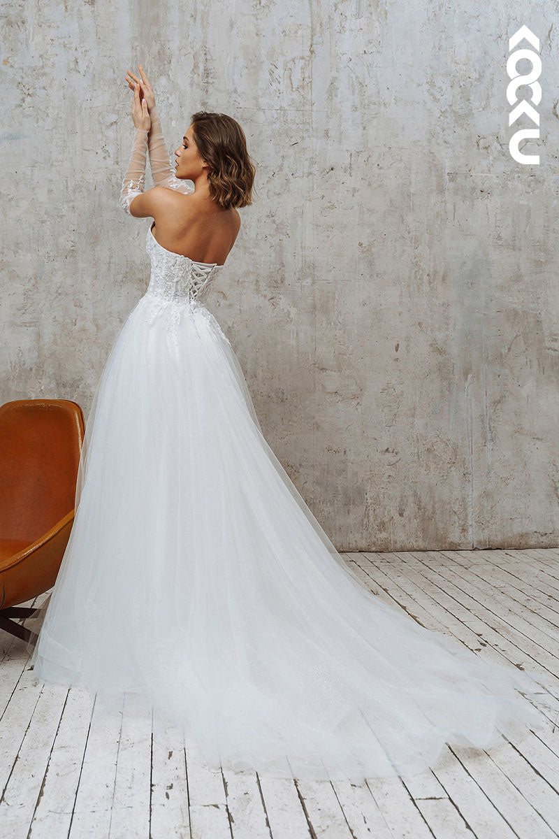 K968 - A-Line Strapless Tulle Feathers Split Bohmian Beach Wedding Dress