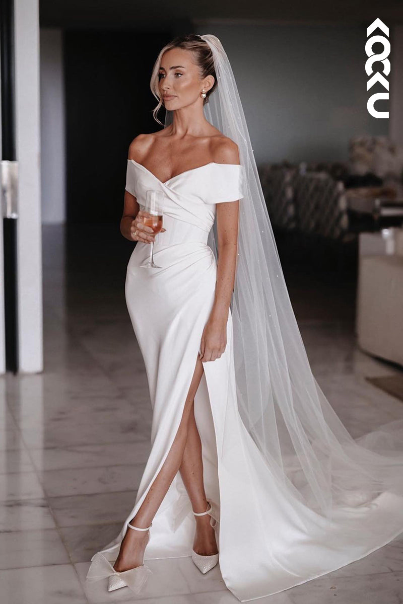 K970 - Sheath/Column Off-Shoulder Satin Split Sleeveless Wedding Dress