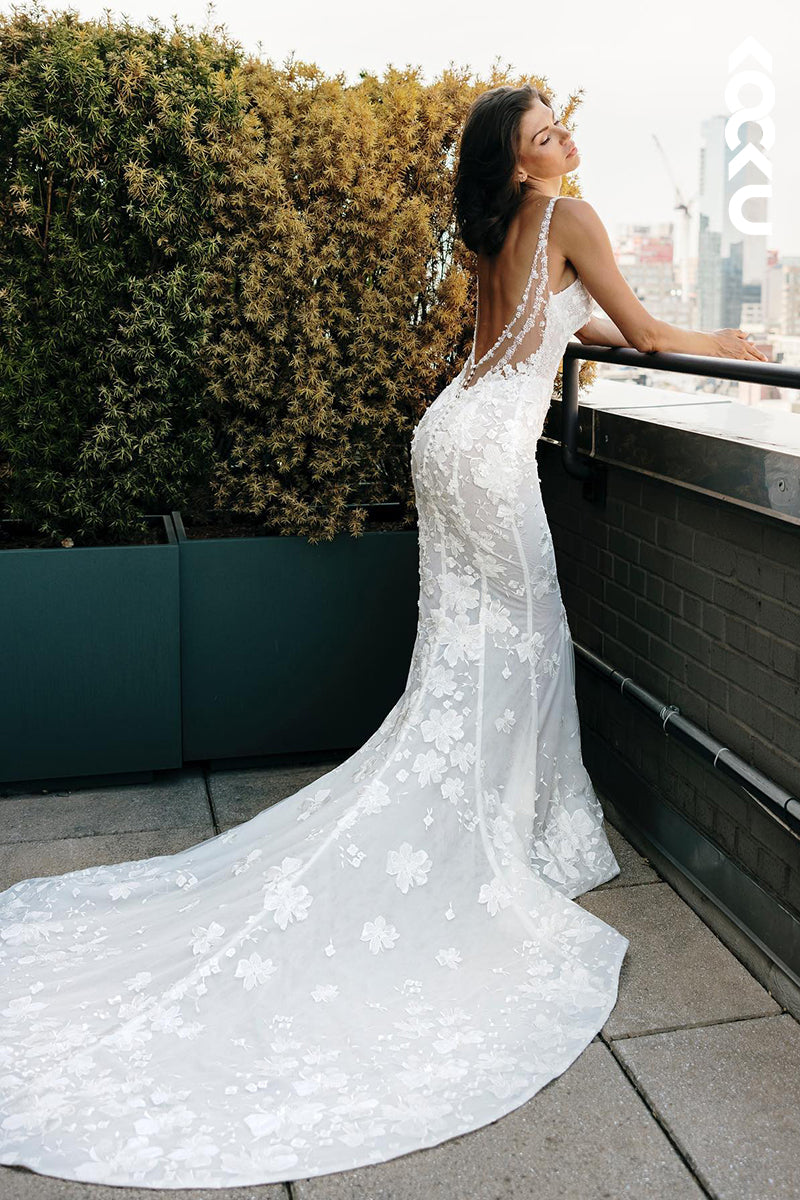 K971 - Trumpet/Mermaid V-Neck Tulle Appliques Backless Bohmian Beach Wedding Dress