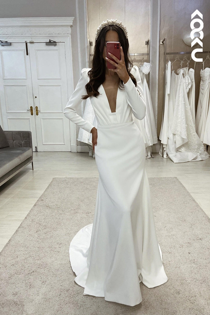 K972 - Sheath/Column V-Neck Satin Long Sleeves Wedding Dress