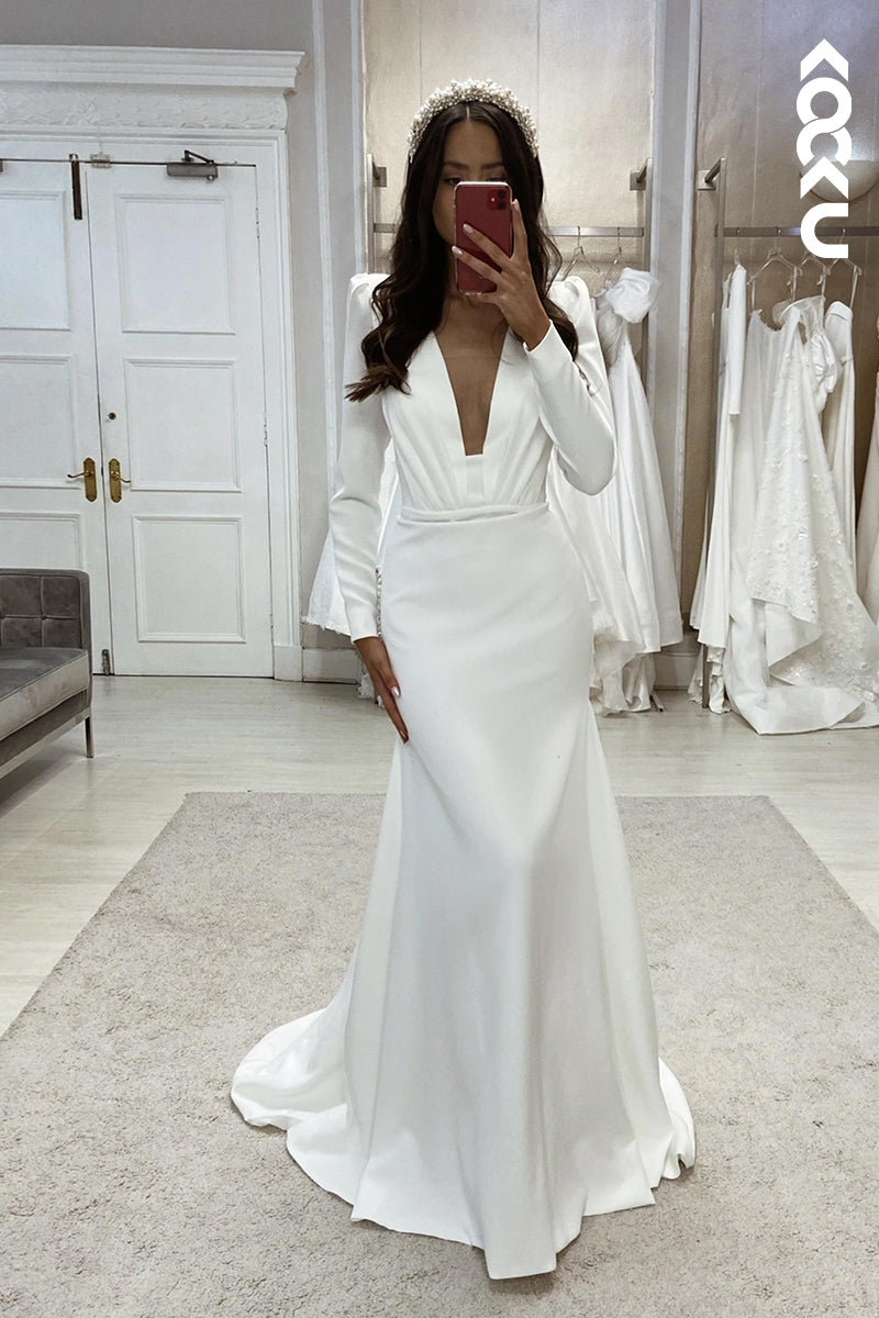 K972 - Sheath/Column V-Neck Satin Long Sleeves Wedding Dress