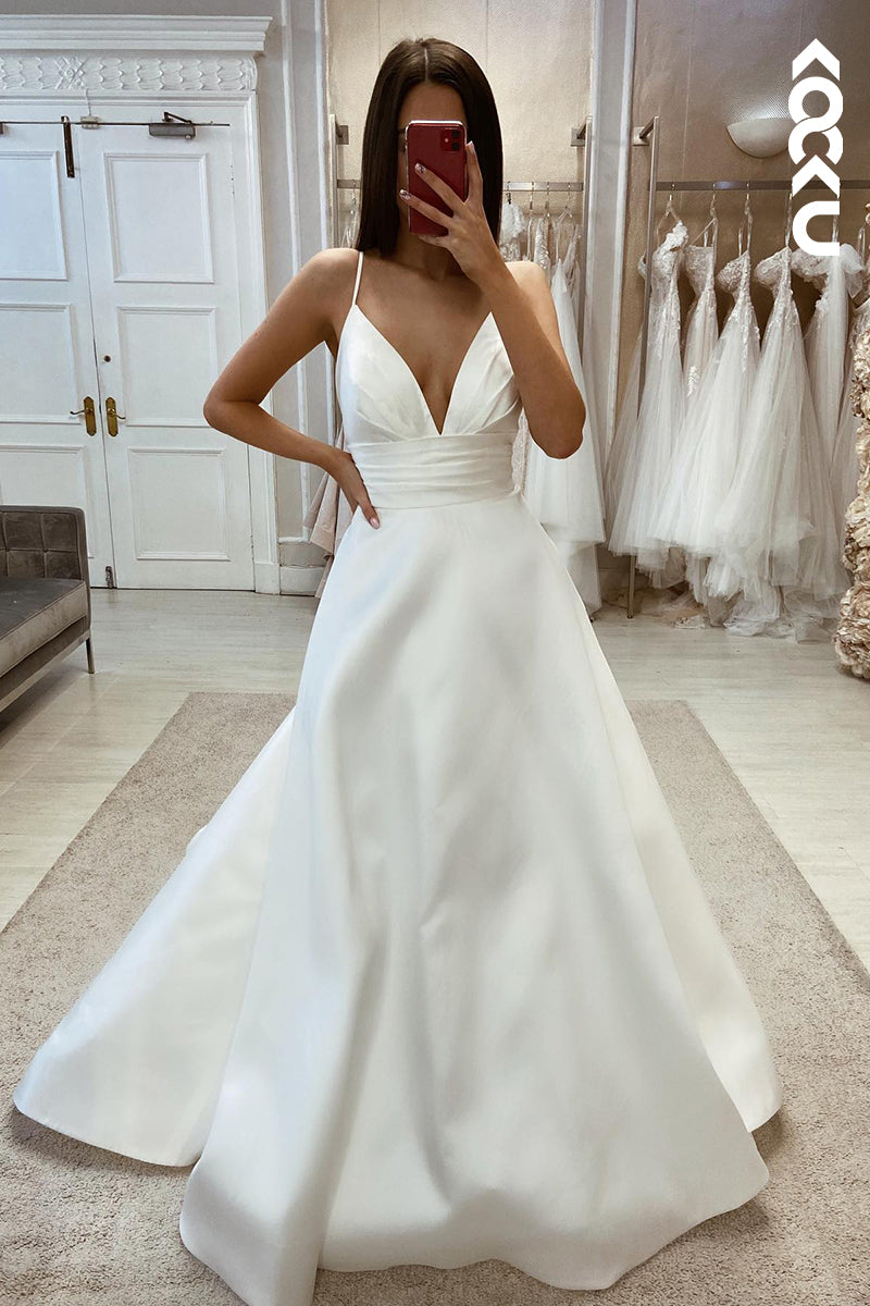 K973 - A-Line V-Neck Satin Pleats Sleeveless Wedding Dress