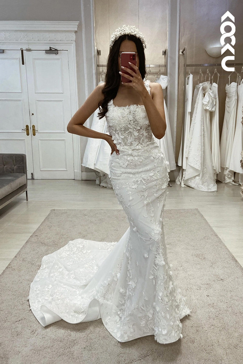 K974 - Trumpet/Mermaid Straps Satin Appliques Sleeveless Bohmian Beach Wedding Dress