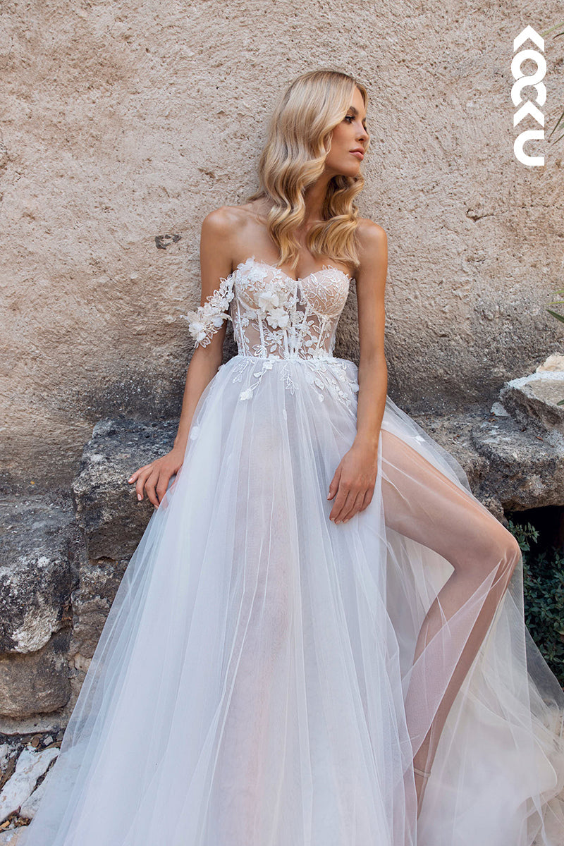 K976 - A-Line Sweetheart Tulle Appliques Sleeveless Bohmian Beach Wedding Dress