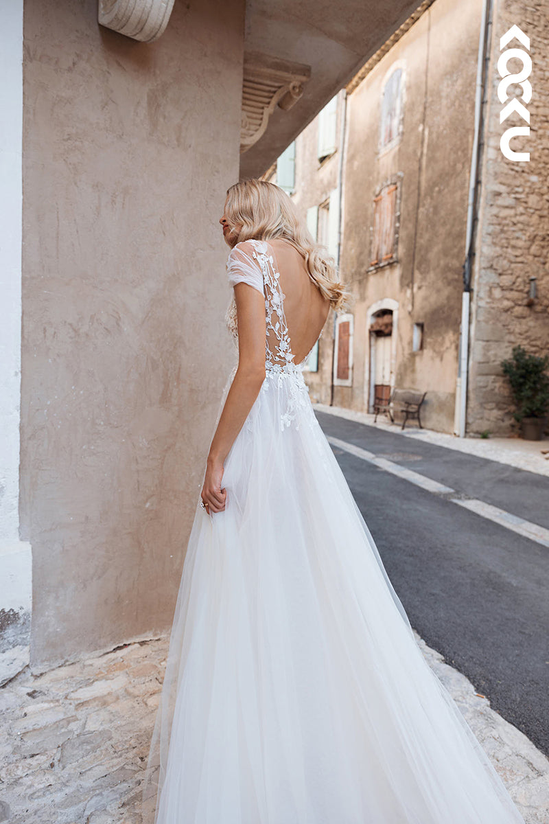 K978 - A-Line V-Neck Tulle Appliques Backless Bohmian Beach Wedding Dress