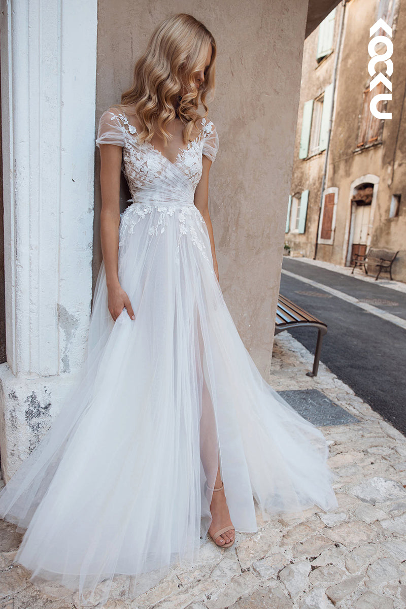 K978 - A-Line V-Neck Tulle Appliques Backless Bohmian Beach Wedding Dress