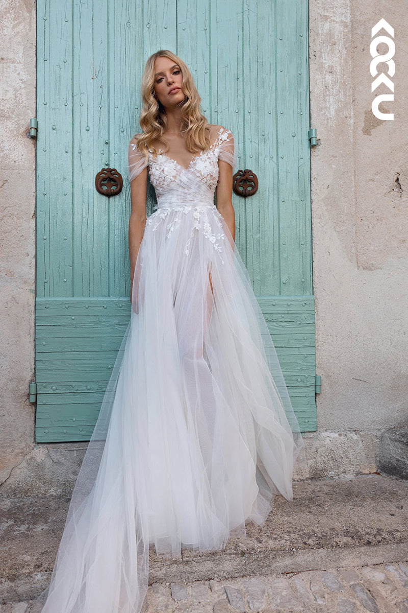 K978 - A-Line V-Neck Tulle Appliques Backless Bohmian Beach Wedding Dress