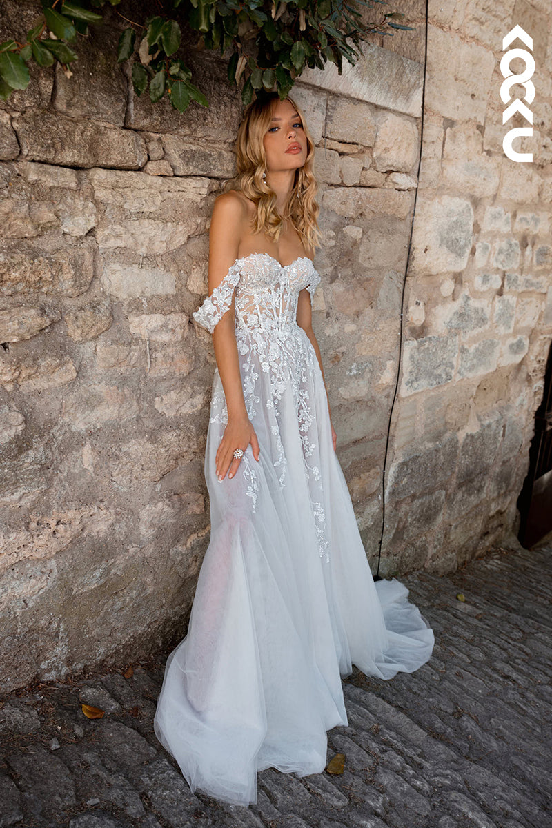 K979 - A-Line Off-Shoulder Tulle Appliques Backless Bohmian Beach Wedding Dress