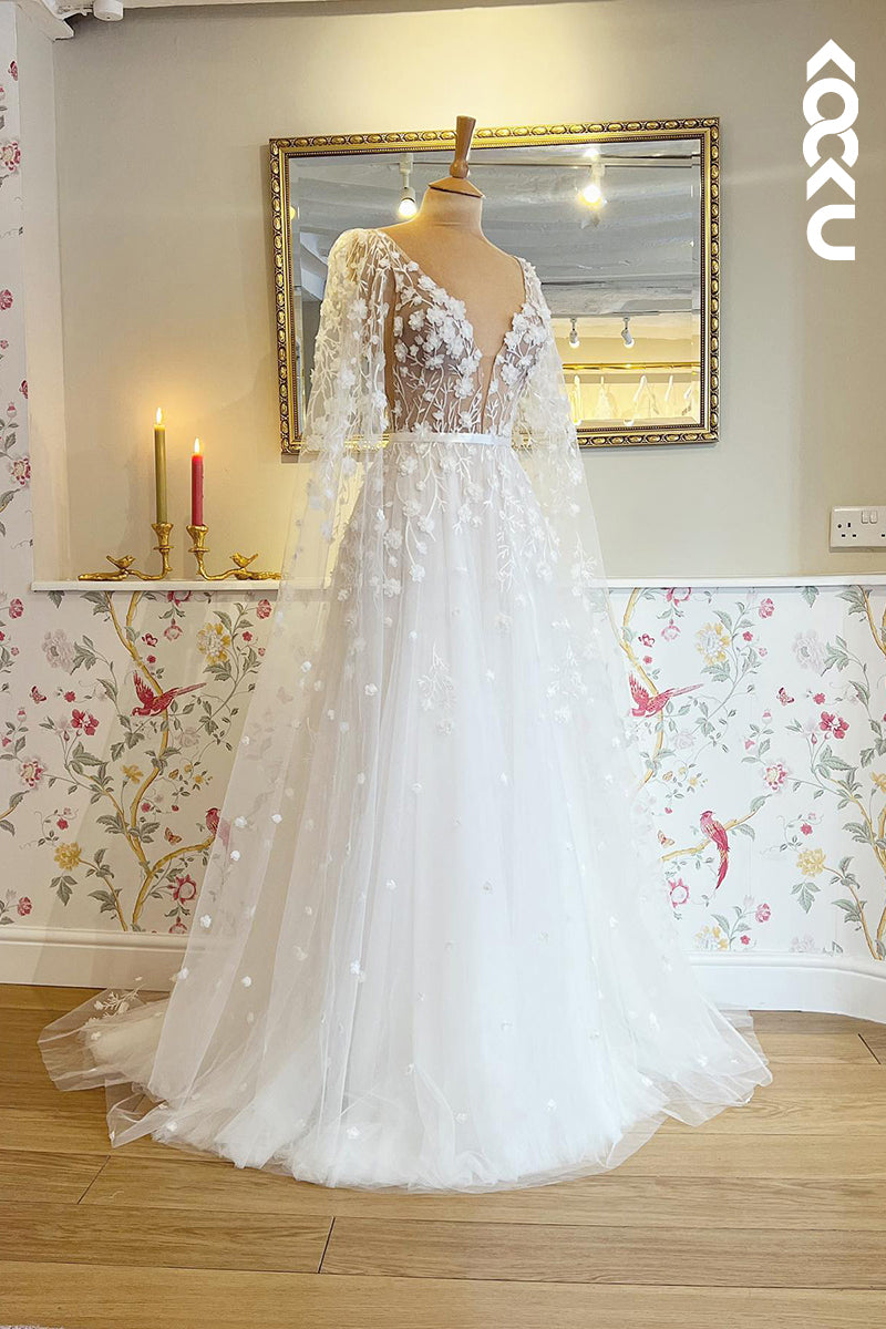 K980 - A-Line V-Neck Tulle Appliques Long Sleeves Bohmian Beach Wedding Dress