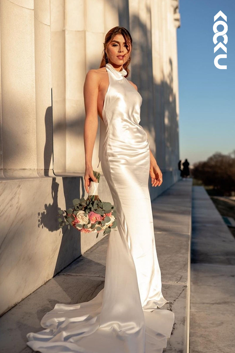 K983 - Sheath/Column High Neck Satin Split Sleeveless Wedding Dress