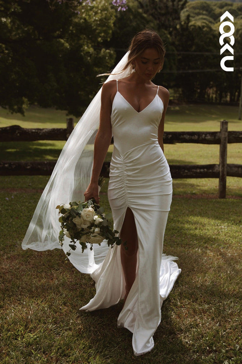 K985 - Sheath/Column V-Neck Satin Pleats Sleeveless Wedding Dress