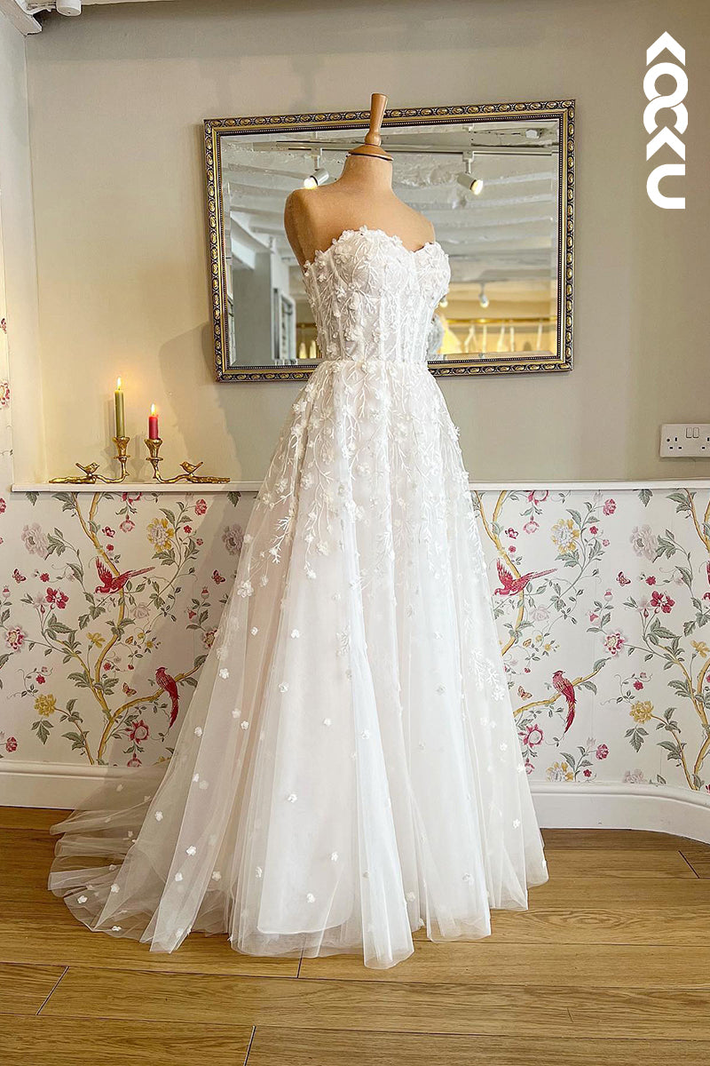 K986 - A-Line Sweetheart Tulle Appliques Beaded Bohmian Beach Wedding Dress