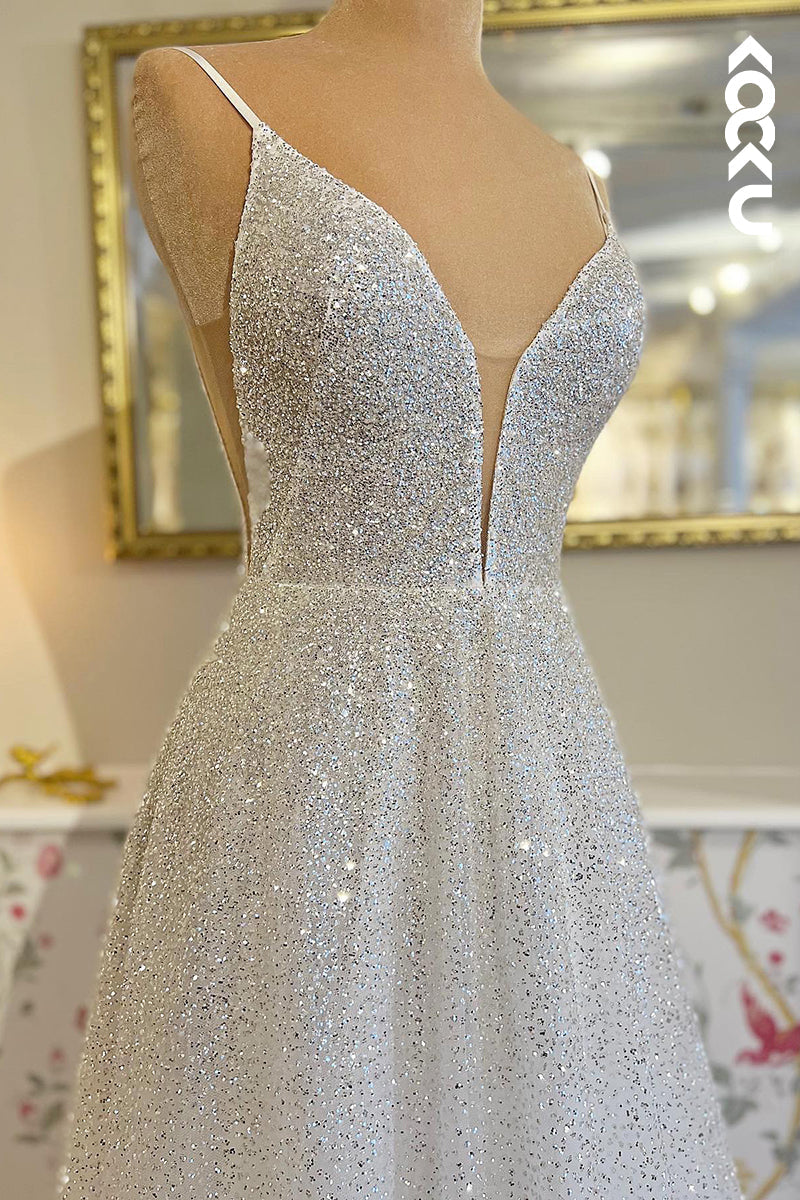 K990 - A-Line V-Neck Sequined Tulle Sleeveless Wedding Dress