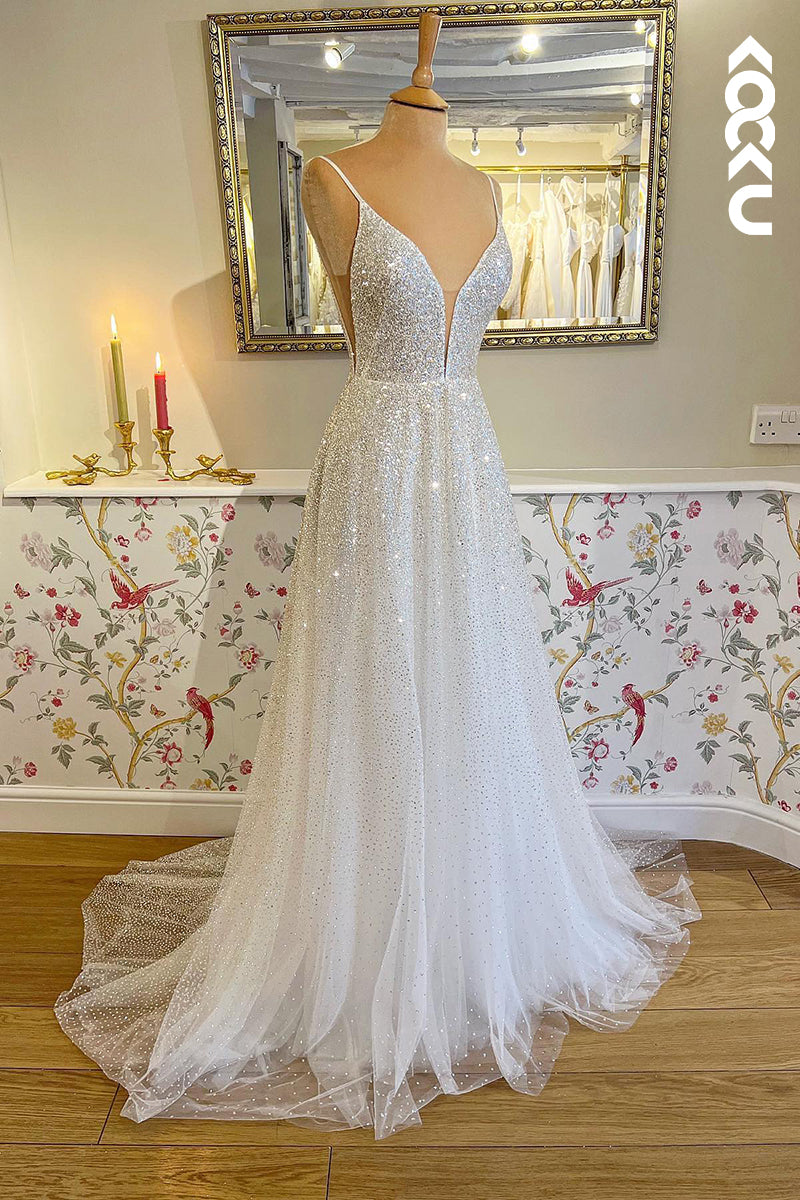 K990 - A-Line V-Neck Sequined Tulle Sleeveless Wedding Dress