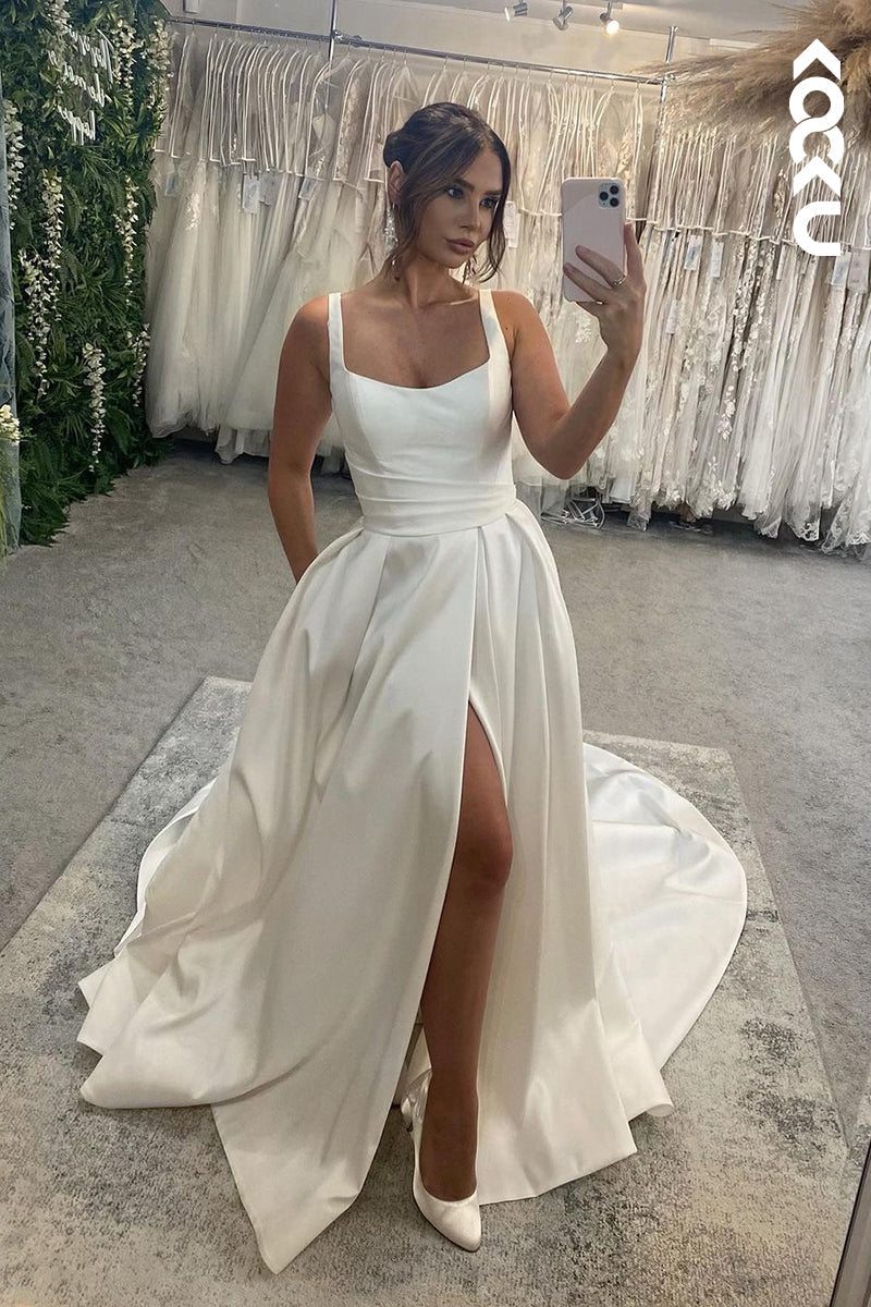 K1928 - Chic & Modern A-Line Square Satin High Slit Wedding Dress With Court Train