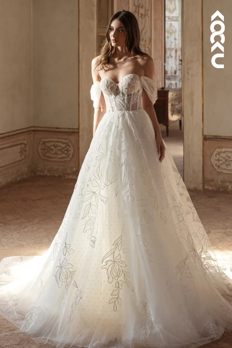 K1932 - Chic & Modern A-Line Sweetheart Off Shoulder Floral Tulle Corset Wedding Dress With Sweep Train