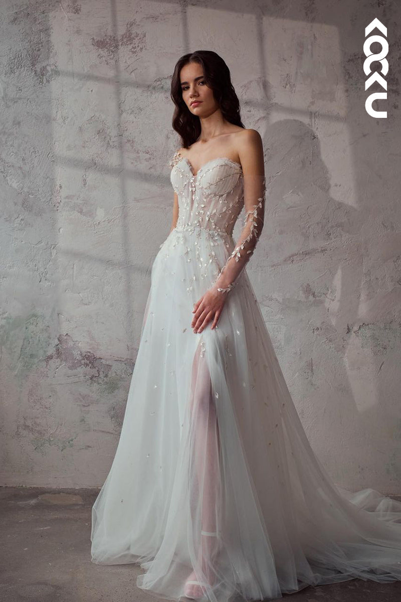 K1925 - Chic & Modern A-Line Sweetheart One Shoulder Tulle Beaded Boho Wedding Dress With Sweep Train