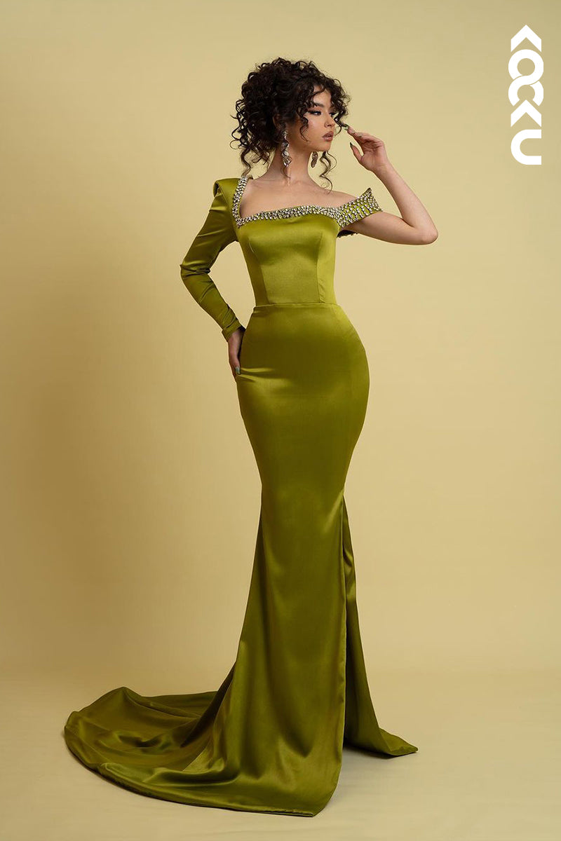 L2551 - Chic & Modern Mermaid Asymmetrical Beaded Evening Gown Prom Dress with Long Sleeves and Sweep Train