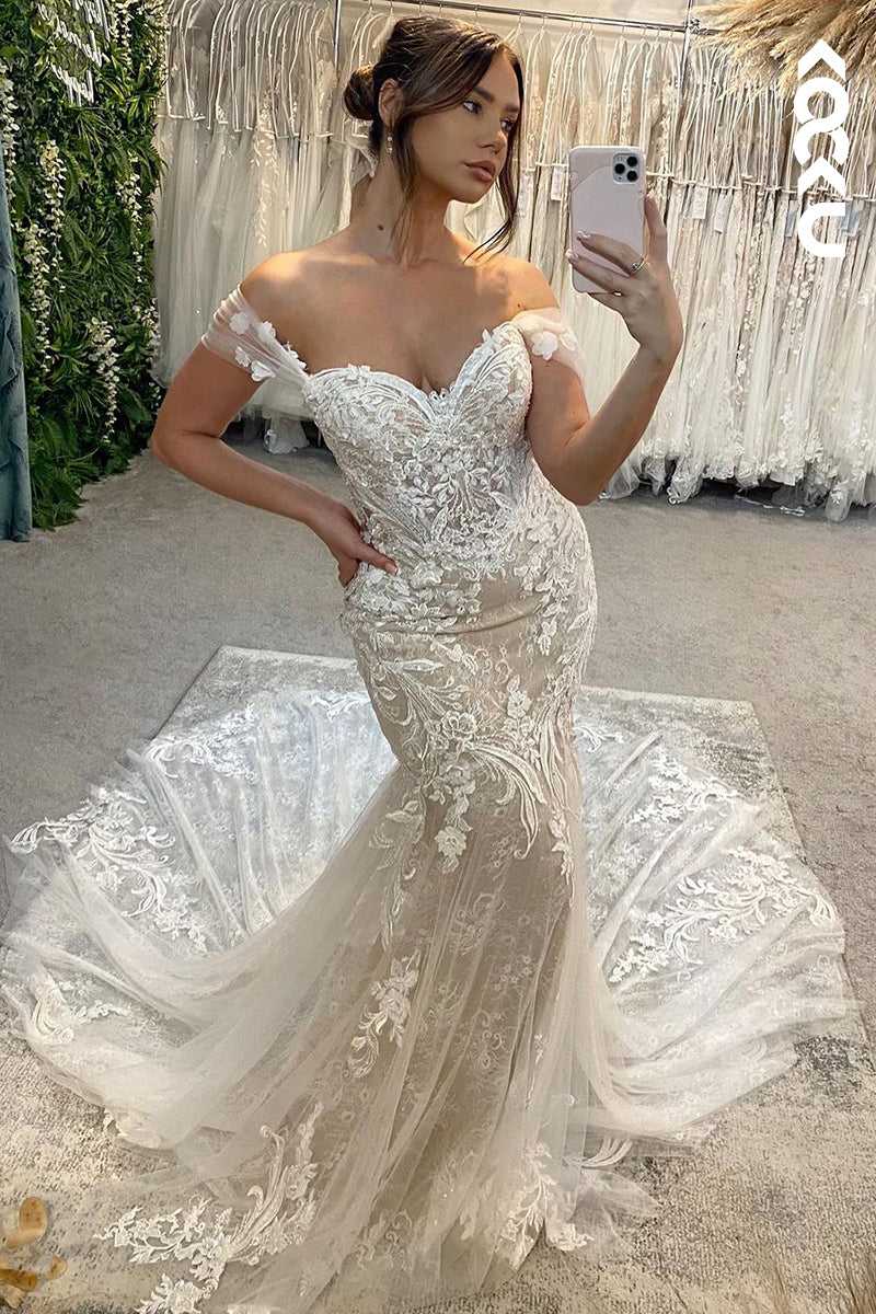 K1921 - Chic & Modern Mermaid Sweetheart Off Shoulder Lace Floral Appliques Wedding Dress With Court Train