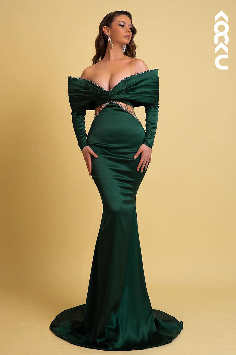 L2548  - Chic & Modern Sheath Off Shoulder Draped and Beaded Party Gown Prom Dress with Cut-outs