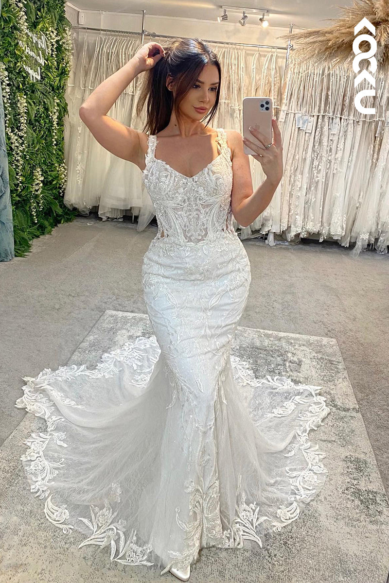 K1931 - Chic & Modern Trumpet Straps Lace Floral Appliqued Backless Wedding Dress With Sweep Train