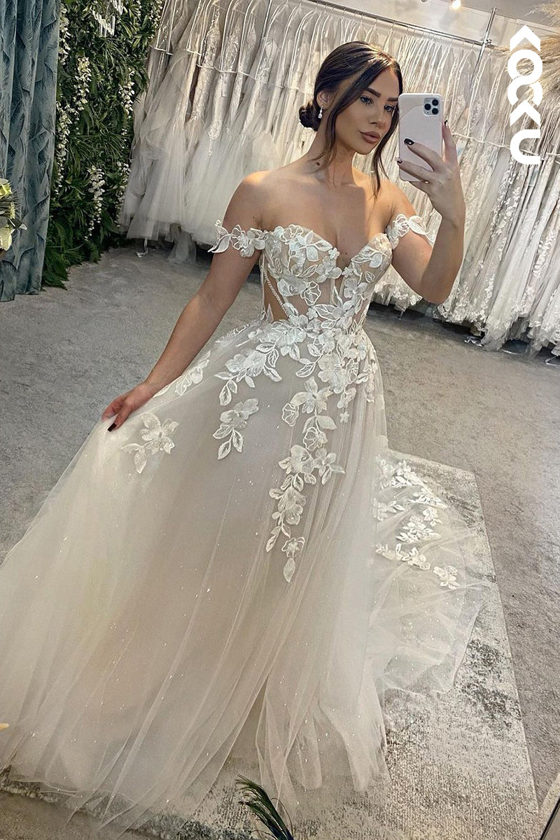 K1916 - Classic & Timeless A-Line Sweetheart Off Shoulder Tulle Court Train Floral Embossed Wedding Dress