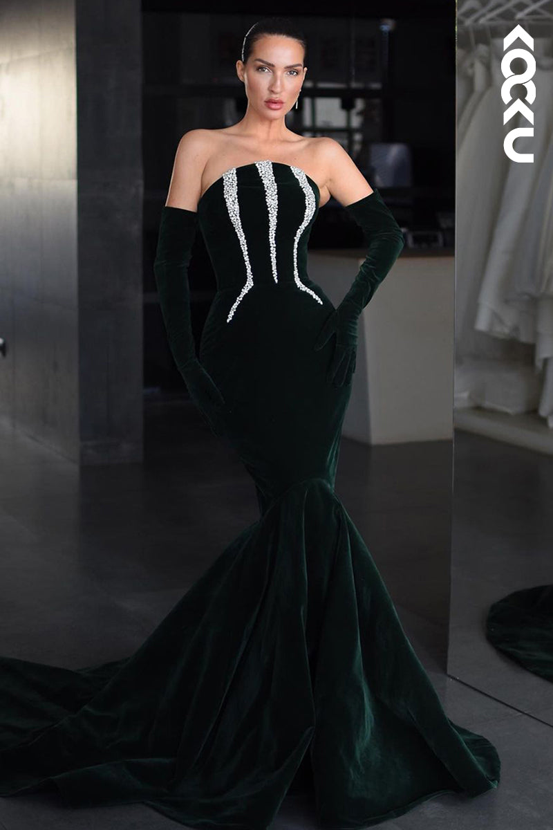 L2543 - Sexy & Hot Mermaid Strapless Beaded and Draped Evening Gown Prom Dress with Long Gloves