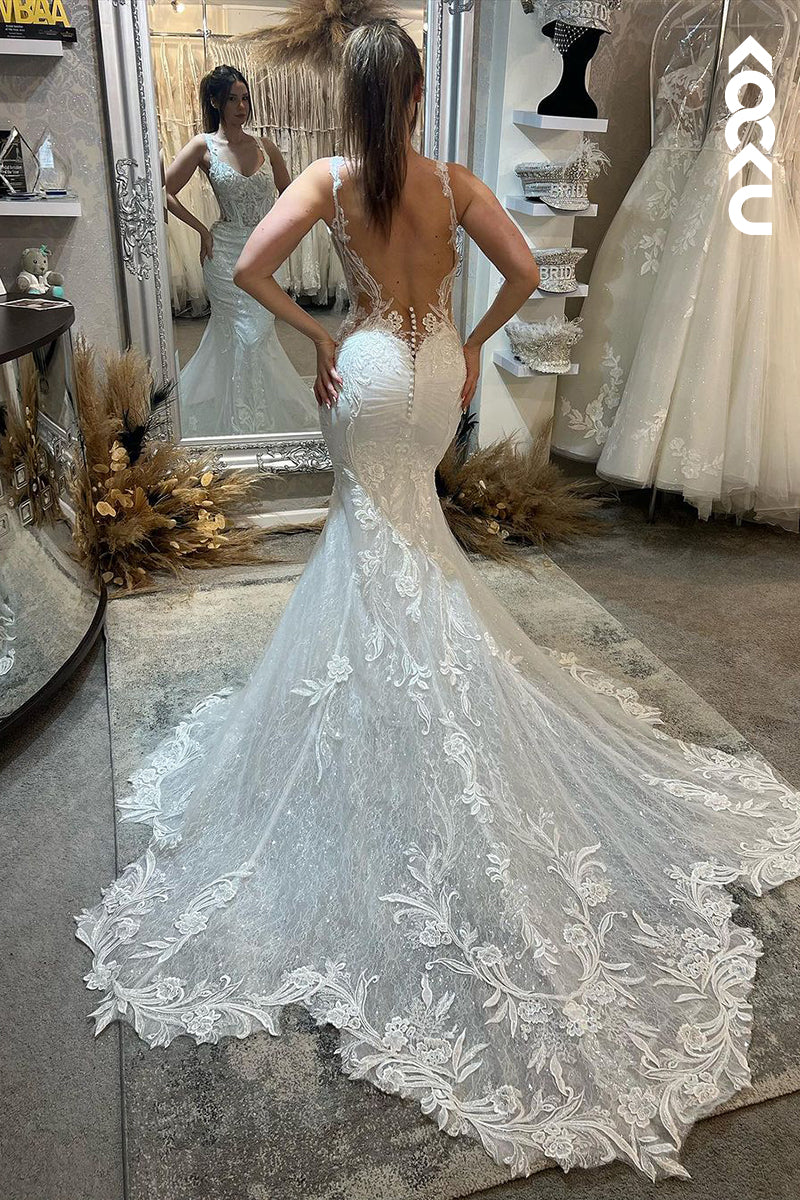 K1924 - Sexy & Hot Mermaid Straps Backless Lace Floral Appliques Wedding Dress With Court Train