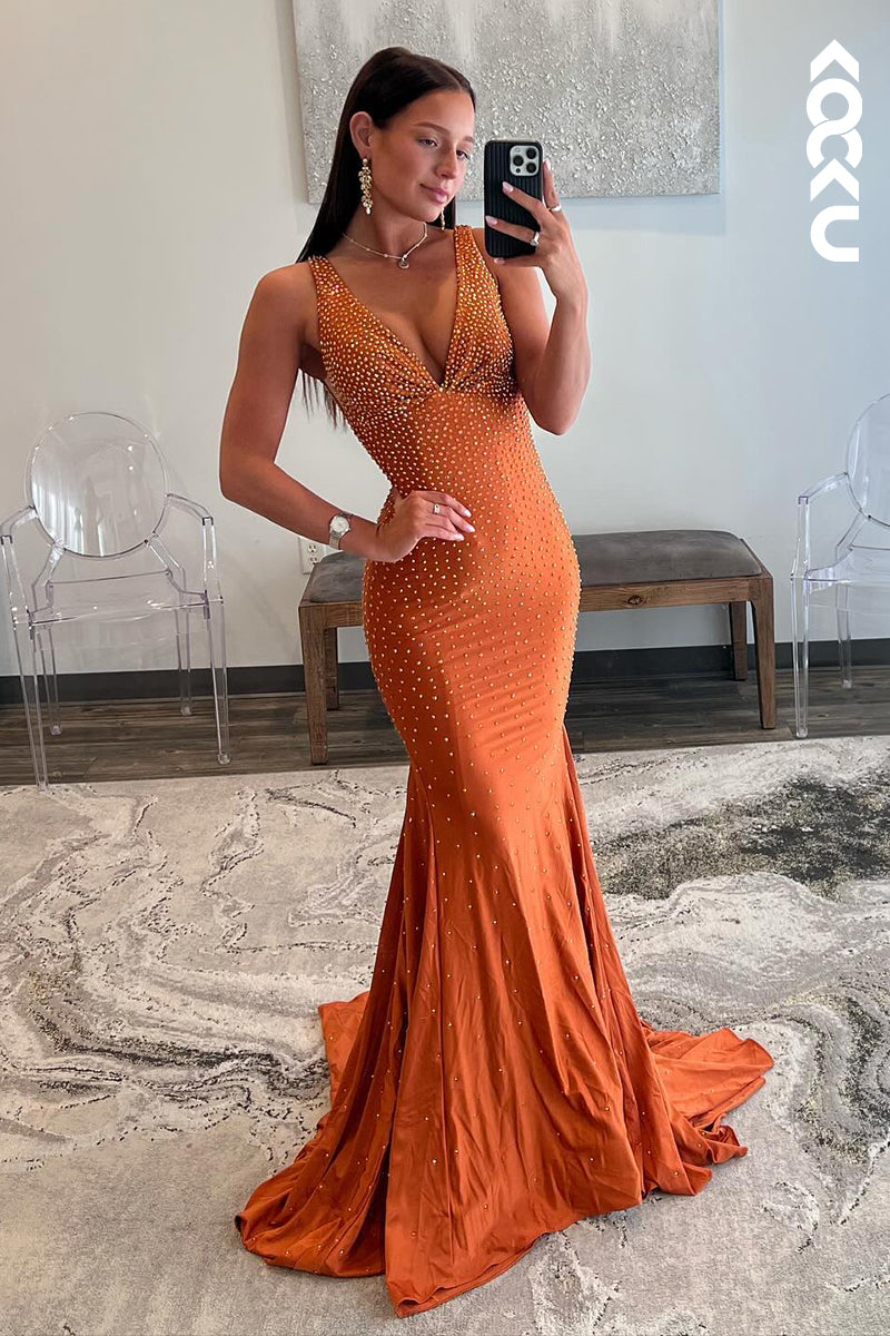 L2546 - Sexy & Hot Mermaid V-Neck Draped and Fully Beaded Evening Party Prom Dress with Sweep Train