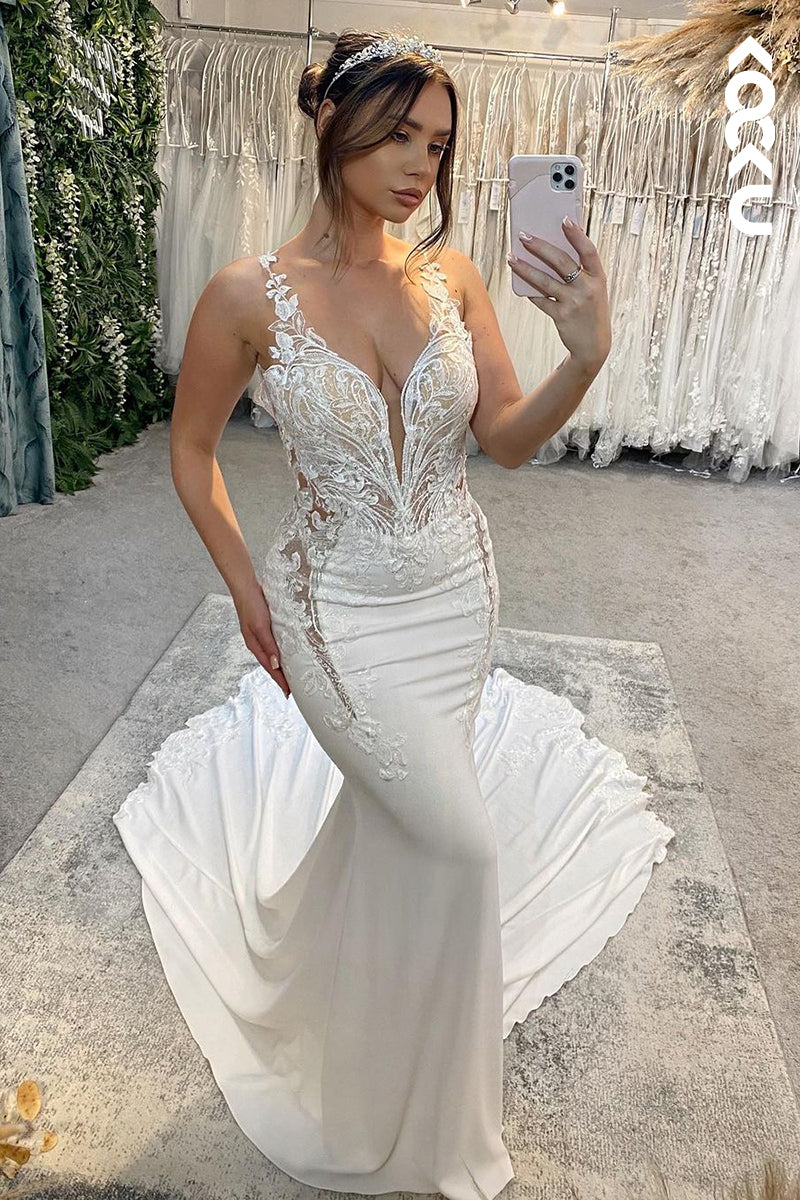 K1920 - Sexy & Hot Mermaid V-Neck Straps Floral Appliques Satin Wedding Dress With Court Train