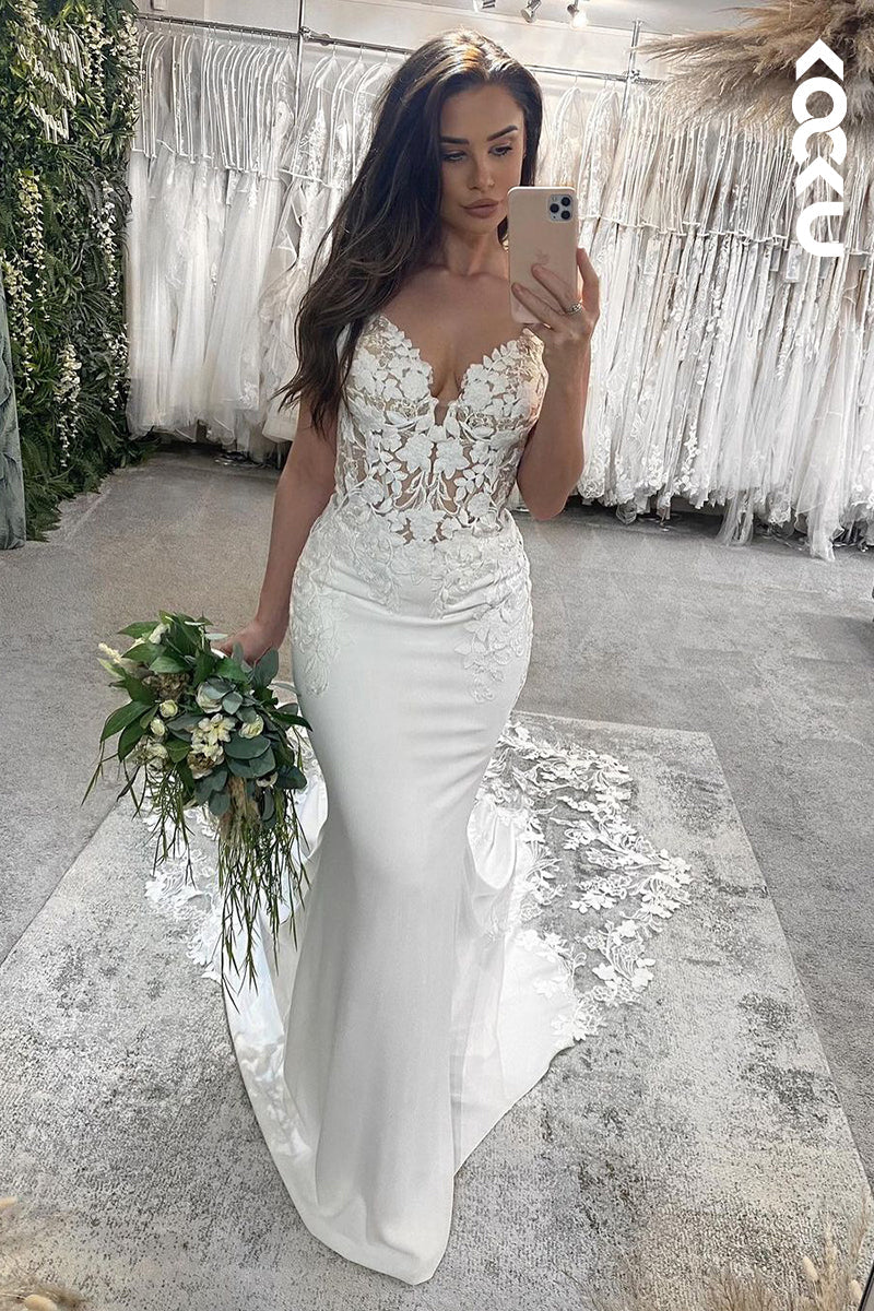 K1922 - Sexy & Hot Mermaid V-Neck Straps Lace Floral Appliques Satin Wedding Dress With Sweep Train