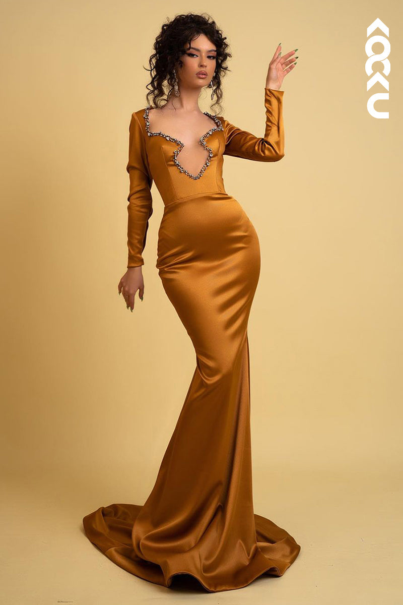 L2547 - Sexy & Hot Sheath Asymmetrical Beaded and Draped Evening Party Prom Dress with Long Sleeves and Sweep Train