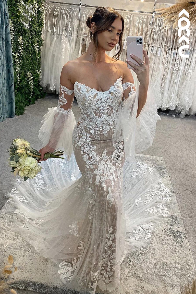 K1918 - Sexy & Hot Sheath & Mermaid Strapless Tulle Fully Appliqued Sheer Wedding Dress With Court Train