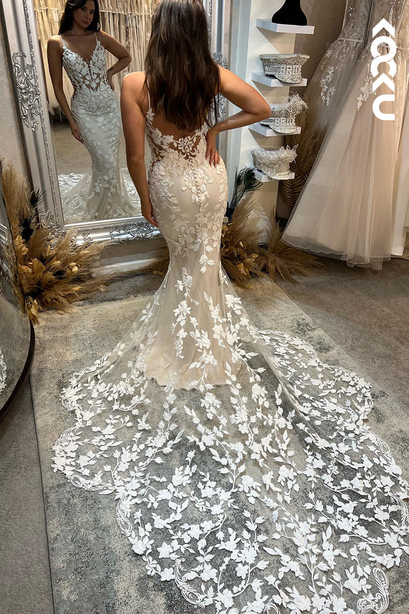 K1926 - Sexy & Hot Sheath & Mermaid Straps V-Neck Fully Floral Appliqued Wedding Dress With Court Train