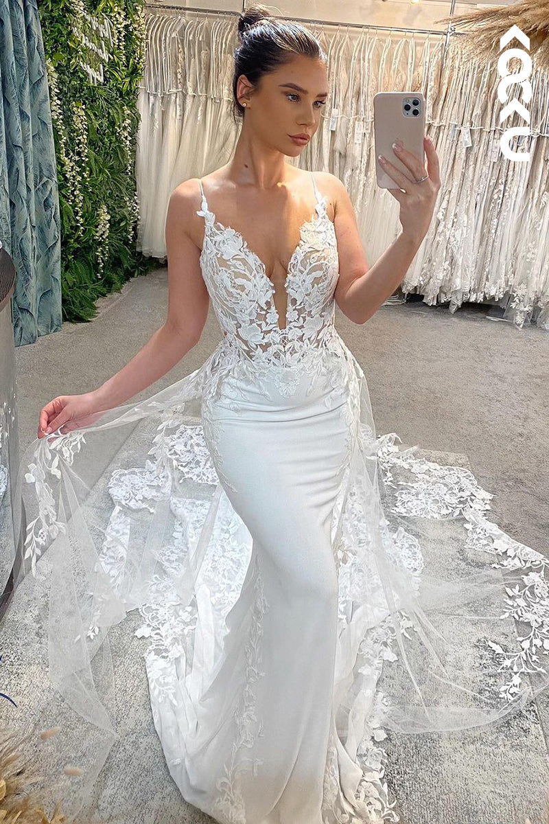 K1927 - Sexy & Hot Sheath & Mermaid V-Neck Straps Paneled Wedding Dress With Court Train