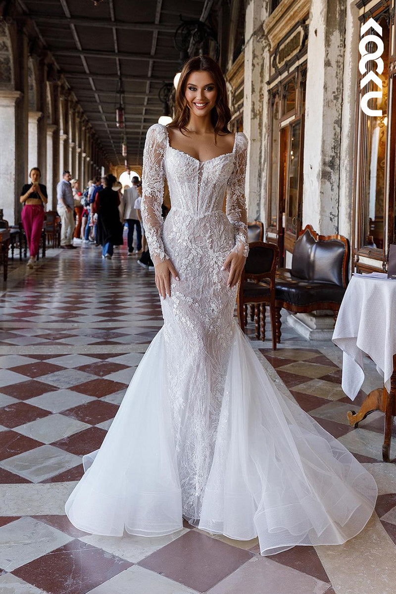 K1935 - Elegant & Luxurious Long Sleeves Square Mermaid Tulle Applique Wedding Dress