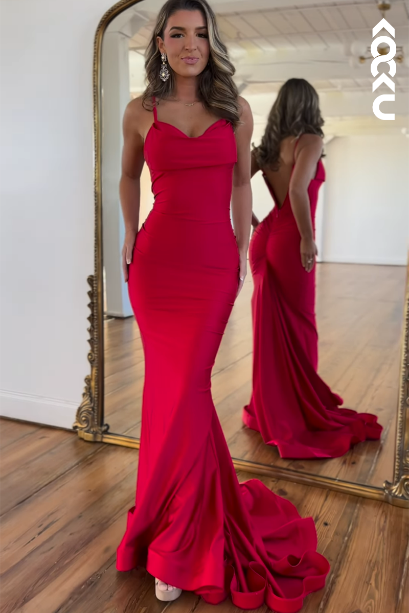 L2554 - Couture & Ornate Red Backless V-Neck Spaghetti Straps Mermaid Party Prom Dress