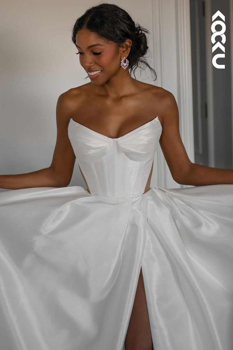 K1862 - Simple & Elegant V-Neck Sleeveless A-Line Slit Wedding Dress