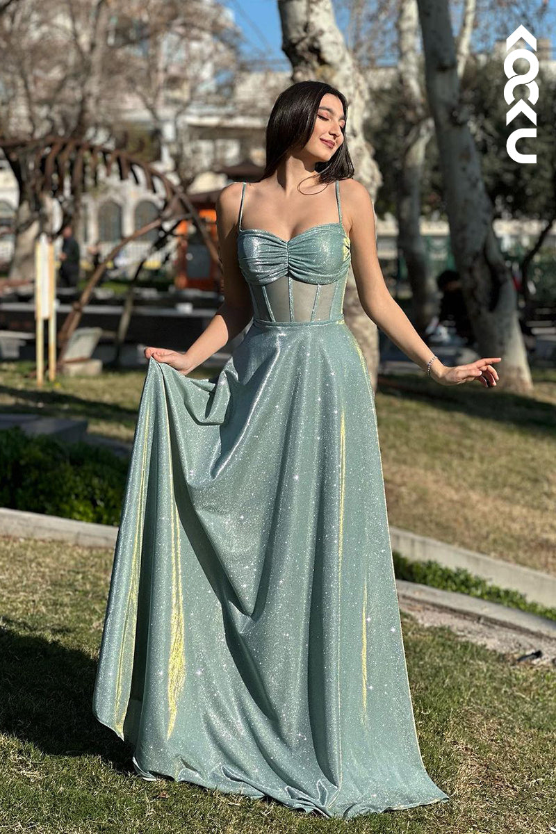 L2553 - Elegant & Luxurious Spaghetti Straps Square A-line Shining Evening Party Formal Prom Dress